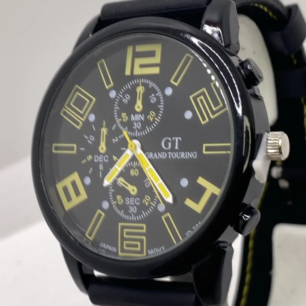 GT Mens Racing Style Rugged Rubber Black Yellow Watch New Battery